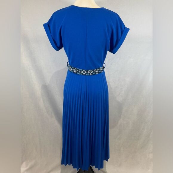 Elizabeth & Nicole royal blue belted pleated skirt flowy midi dress size medium - Picture 4 of 7